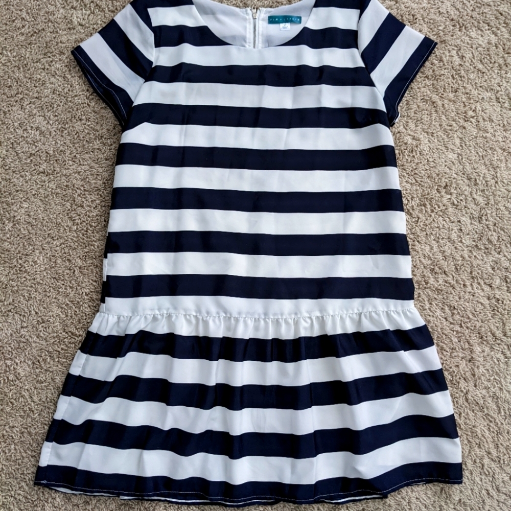 Pim + Larkin drop waist navy blue white striped lined dress M